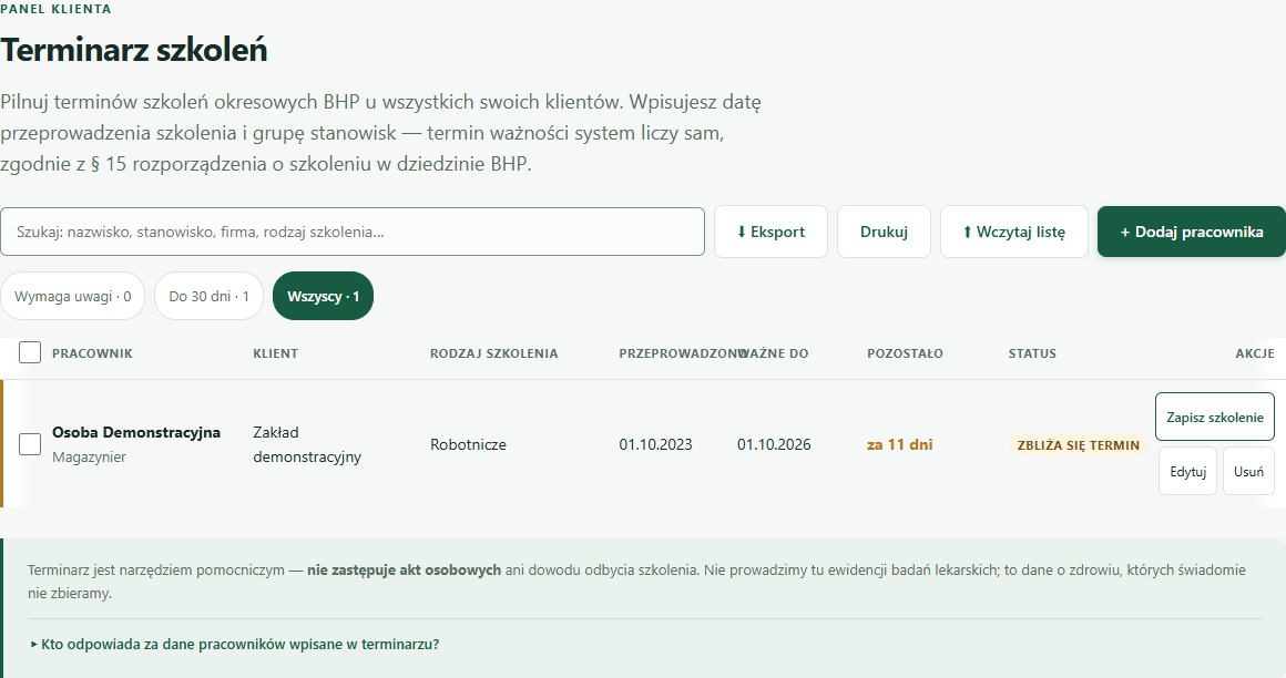 Lista demonstracyjnych szkoleń BHP z datami i filtrami