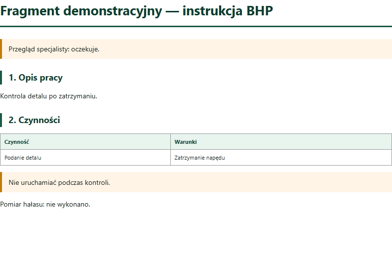 Fragment instrukcji BHP w układzie eksportu PDF